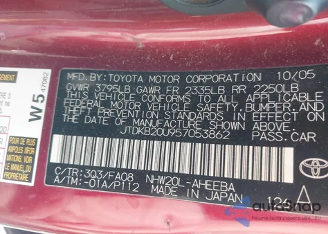 2005 Toyota Prius from USA, damaged, VIN JTDKB20U957053862
